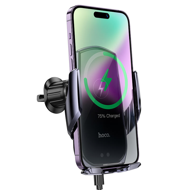 Автотримач для телефона з БЗП HOCO CA202 Plus Enlightener infrared induction wireless charging car holder(air outlet) Black metal gray