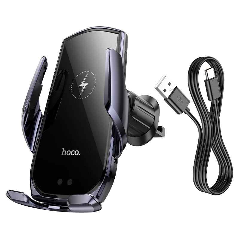 Автотримач для телефона з БЗП HOCO CA202 Plus Enlightener infrared induction wireless charging car holder(air outlet) Black metal gray