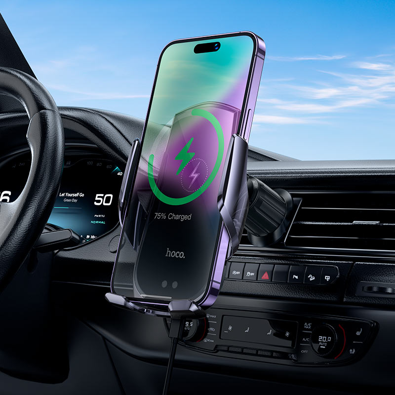 Автотримач для телефона з БЗП HOCO CA202 Plus Enlightener infrared induction wireless charging car holder(air outlet) Black metal gray