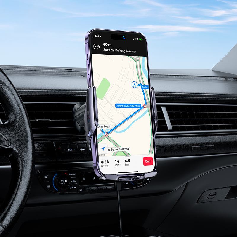 Автотримач для телефона з БЗП HOCO CA202 Plus Enlightener infrared induction wireless charging car holder(air outlet) Black metal gray