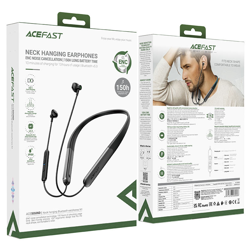 Бездротові спортивні навушники ACEFAST N1 neck hanging Bluetooth earphones Black