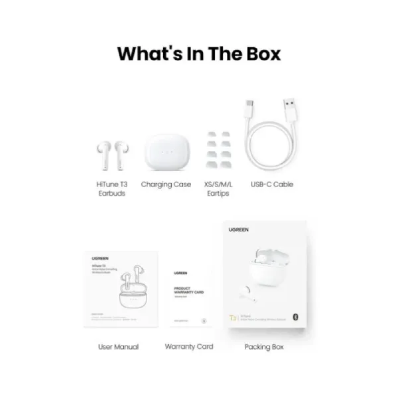 Бездротові навушники UGREEN WS106 HiTune T3 Active Noise-Cancelling Wireless Earbuds,IPX5, White(UGR-90206)