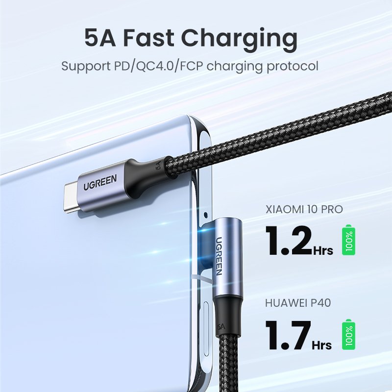 Кабель UGREEN US334 USB-C 2.0 to Angled USB-C M/M Cable Aluminium Shell with Braided 1m (Black)(UGR-70643)
