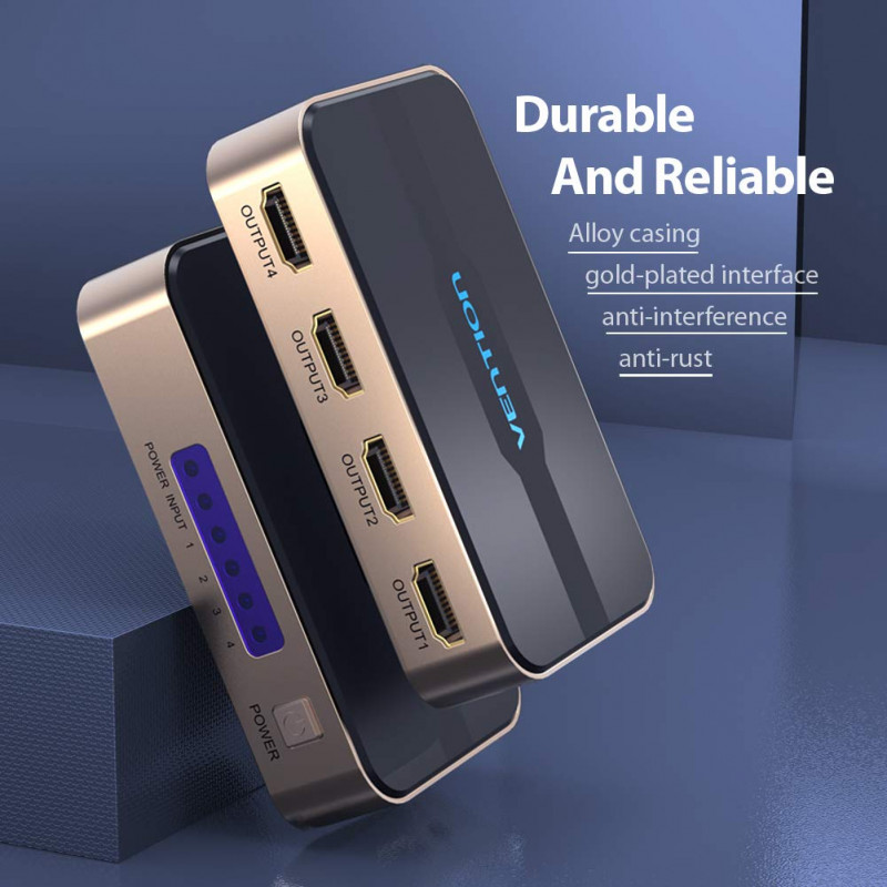 Сплітер Vention 1 In 4 Out HDMI Splitter 4K@30Hz Gold Aluminum Alloy Type EU Standard (ACCG0-EU)