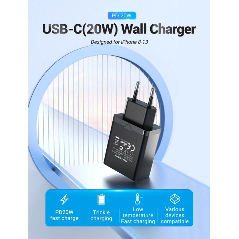 Мережевий зарядний пристрій Vention 1-port USB-C Wall Charger(20W) EU-Plug Black (FADB0-EU)