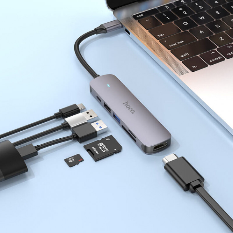 USB-хаб HOCO HB28 Type-C multi-function converter(HDTV+USB3.0+USB2.0+SD+TF+PD) Metal Gray