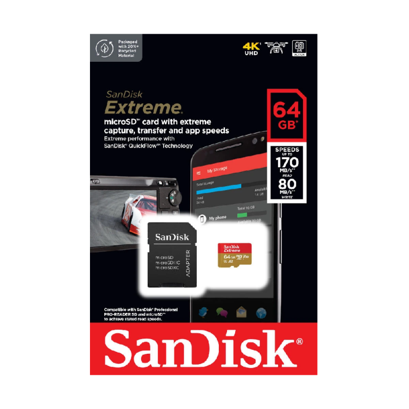 Карта пам'яті microSDXC (UHS-1 U3) SanDisk Extreme A2 64Gb class 10 V30 (R170MB/s,W80MB/s) (adapter SD)