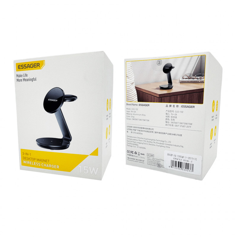 Бездротовий мультизарядний пристрій ESSAGER Hongyan 15W 3 IN 1 black