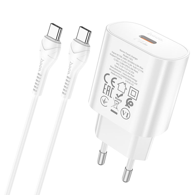Мережевий зарядний пристрій з кабелем HOCO N22 Jetta PD25W charger set(Type-C to Type-C)(EU) White