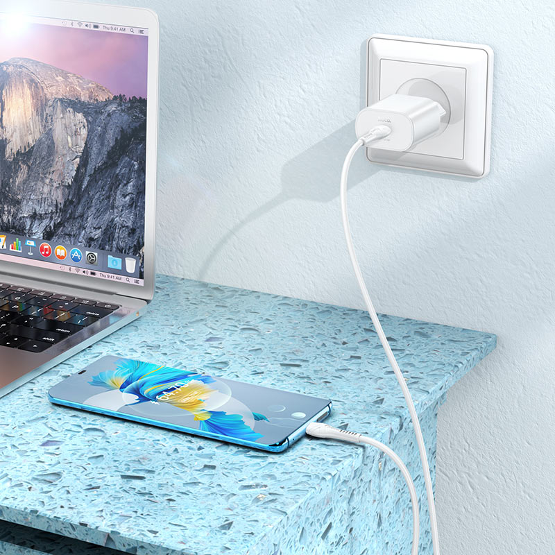 Мережевий зарядний пристрій з кабелем HOCO N22 Jetta PD25W charger set(Type-C to Type-C)(EU) White