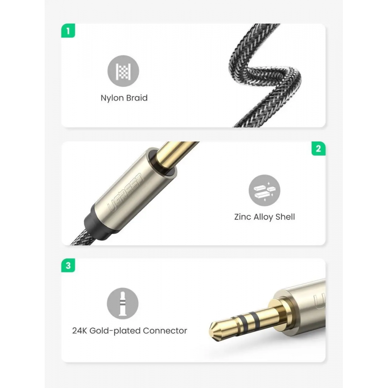 Аудіокабель UGREEN AV127 3.5mm Male  to 6.35mm Male, TRS Stereo Audio Cable, nylon braid, 2m Gray