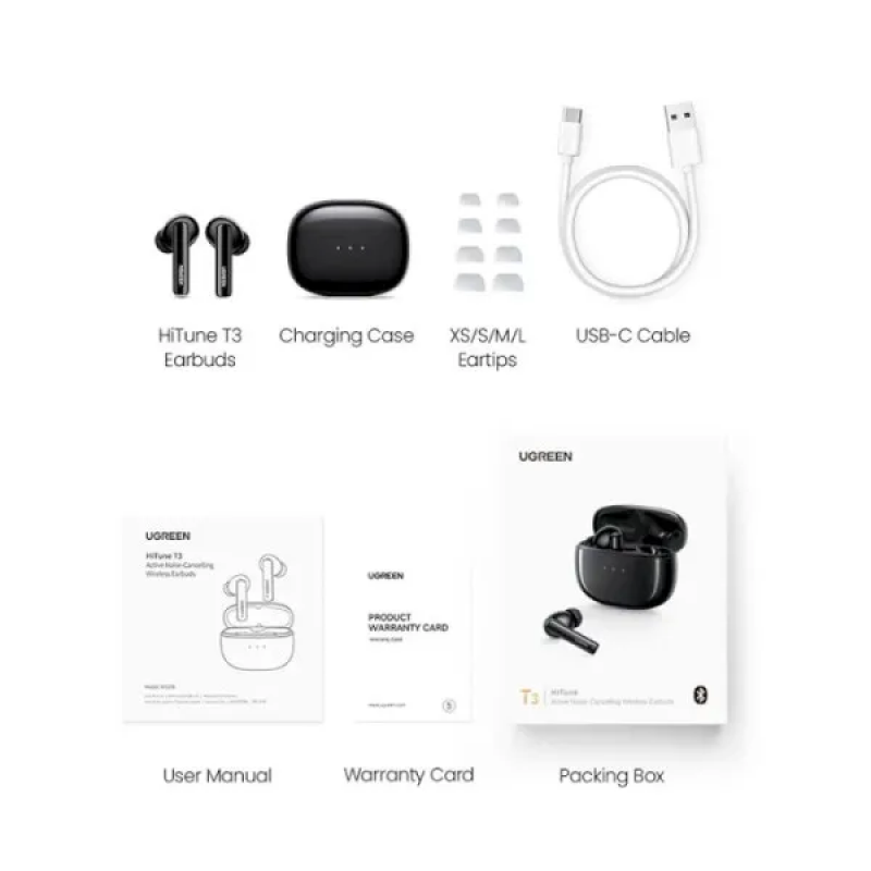 Бездротові навушники UGREEN WS106 HiTune T3 Active Noise-Cancelling Wireless Earbuds, IPX5, Black(UGR-90401)