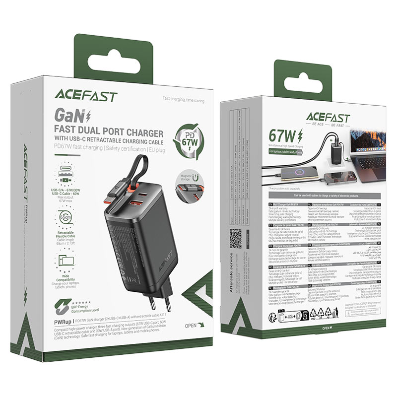 Мережевий зарядний пристрій з кабелем ACEFAST A111 PD67W GaN charger(2*USB-C+USB-A) with retractable cable Black