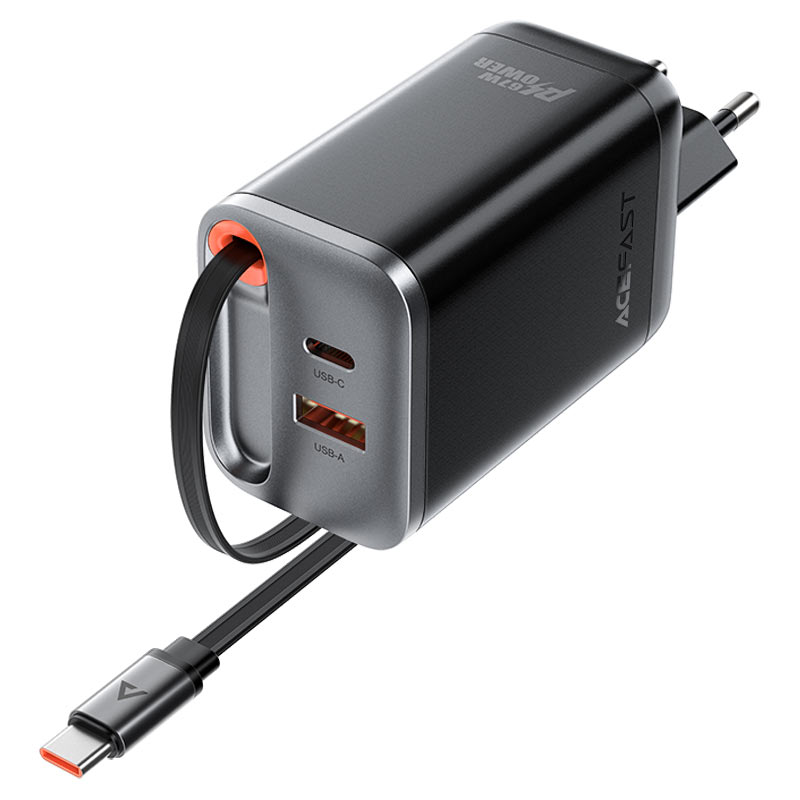 Мережевий зарядний пристрій з кабелем ACEFAST A111 PD67W GaN charger(2*USB-C+USB-A) with retractable cable Black