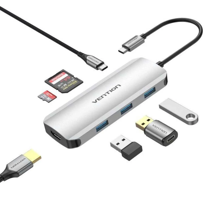 USB-хаб Vention USB-C to HDMI/USB 3.0x3/SD/TF/PD Docking Station Gray 0.15M Aluminum Alloy Type