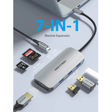 USB-хаб Vention USB-C to HDMI/USB 3.0x3/SD/TF/PD Docking Station Gray 0.15M Aluminum Alloy Type