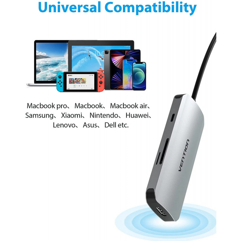 USB-хаб Vention USB-C to HDMI/USB 3.0x3/SD/TF/PD Docking Station Gray 0.15M Aluminum Alloy Type