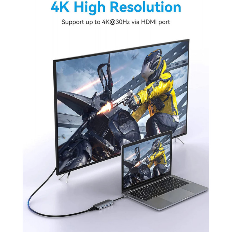 USB-хаб Vention USB-C to HDMI/USB 3.0x3/SD/TF/PD Docking Station Gray 0.15M Aluminum Alloy Type
