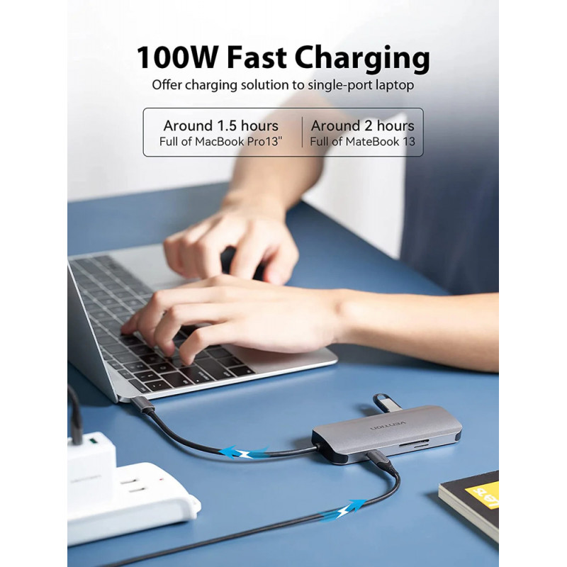 USB-хаб Vention USB-C to HDMI/USB 3.0x3/SD/TF/PD Docking Station Gray 0.15M Aluminum Alloy Type