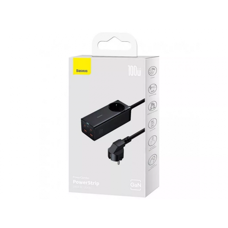 Мережевий зарядний пристрій Baseus GaN3 Pro Desktop Powerstrip AC+2U+2C 100W EU Black (With Mini White Cable Type-C to Type-C 100W(20V/5A) 1m Black）