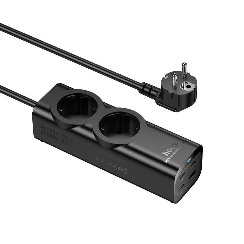Мережевий подовжувач HOCO NS10 Wisdom 2-position (PD67W/3C1A) desktop socket (EU/GER) Black
