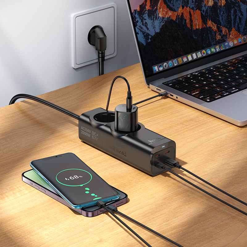 Мережевий подовжувач HOCO NS10 Wisdom 2-position (PD67W/3C1A) desktop socket (EU/GER) Black
