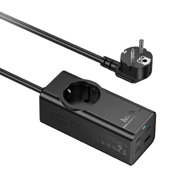 Мережевий подовжувач HOCO NS9 Wisdom 1-position (PD67W/3C1A) desktop socket (EU/GER) Black