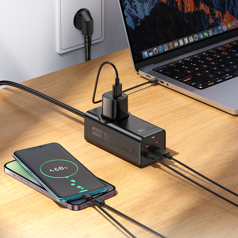 Мережевий подовжувач HOCO NS9 Wisdom 1-position (PD67W/3C1A) desktop socket (EU/GER) Black
