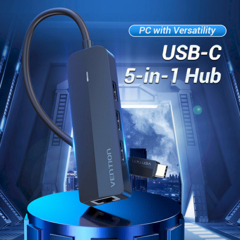 USB-хаб Vention USB-C to USB 3.0*3/RJ45/Micro-B HUB 0.15M Black ABS Type