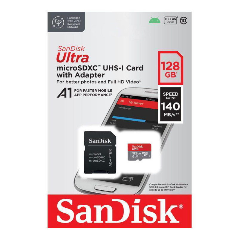 SanDisk Ultra 128Gb microSDXC (UHS-1) memory card class 10 A1 (140Mb/s) (SD adapter)