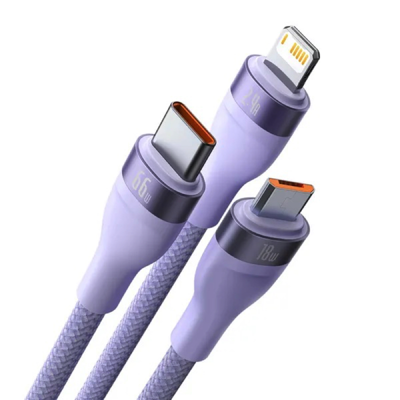 Cable Baseus Flash Series Ⅱ One-for-three Fast Charging Data Cable USB to M+L+C 66W 1.2m Purple