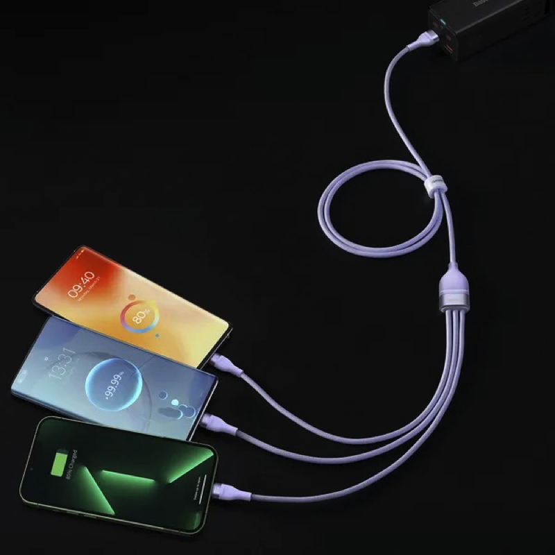 Cable Baseus Flash Series Ⅱ One-for-three Fast Charging Data Cable USB to M+L+C 66W 1.2m Purple