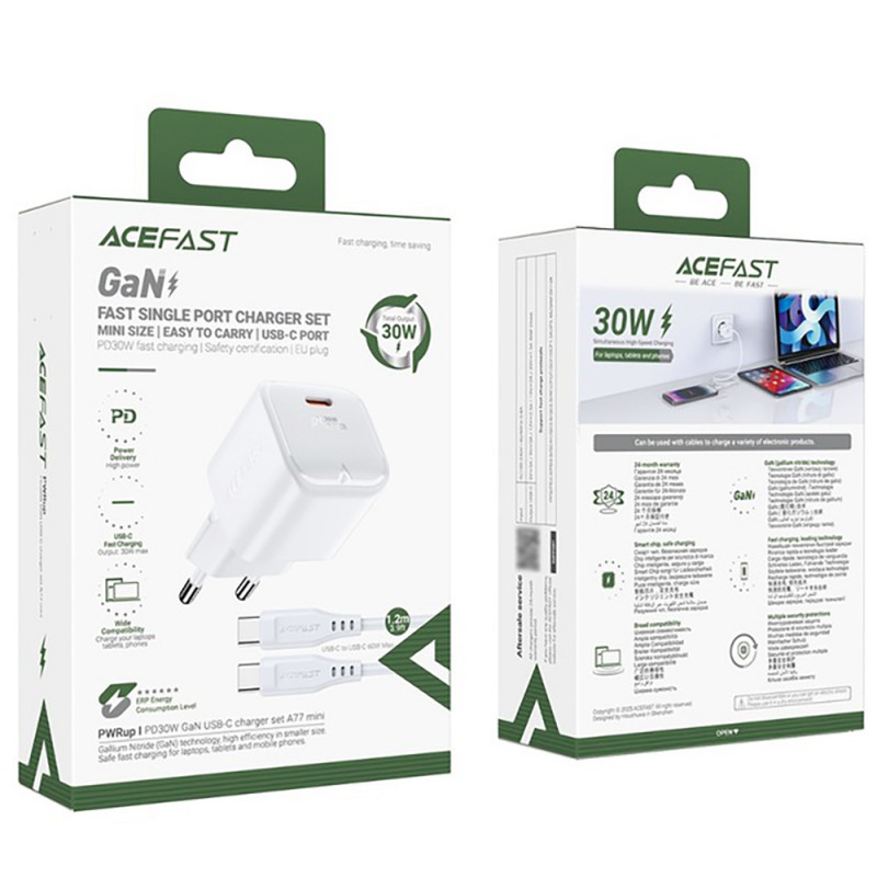 Мережевий зарядний пристрій з кабелем ACEFAST A77 mini PD30W GaN single USB-C charger set (C3-03) White