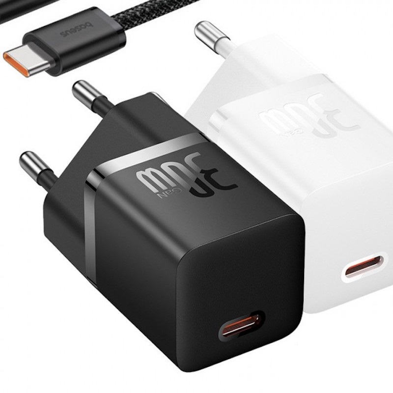 Мережевий зарядний пристрій з кабелем Baseus GaN5 Fast Charger(mini) 1C 30W EU Cluster Black(with: Baseus Dynamic 3 Series Fast Charging Data Cable