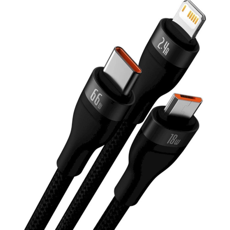 Cable Baseus Flash Series Ⅱ One-for-three Fast Charging Data Cable USB to M+L+C 66W 1.2m Black