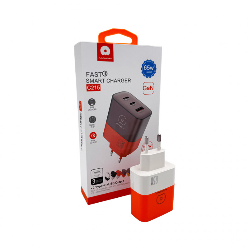 Мережевий зарядний пристрій WUW-C215 65W Charger 2 USB C + USB A white orange