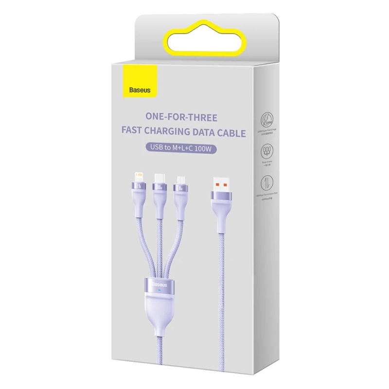 Cable Baseus Flash Series Ⅱ One-for-three Fast Charging Data Cable USB to M+L+C 100W 1.2m Purple