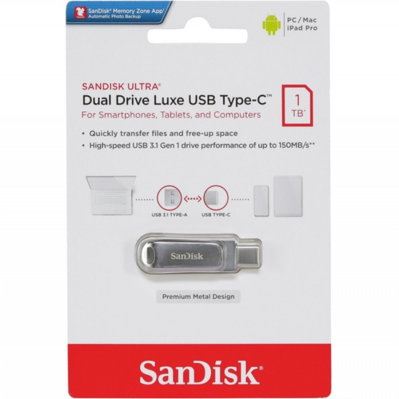 SanDisk USB 3.1 Ultra Dual Luxe Type-C 1TB Flash Drive (150 Mb/s)