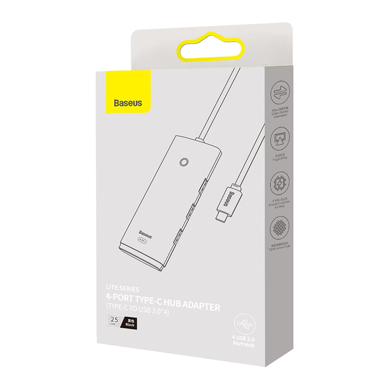 USB-хаб Baseus Lite Series 4-Port Type-C HUB Adapter (Type-C to USB 3.0*4) 25cm Black
