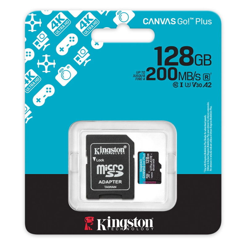 Карта пам'яті microSDXC (UHS-1 U3) Kingston Canvas Go! Plus 128Gb class 10 A2 V30 (R200MB/s) (adapter SD)