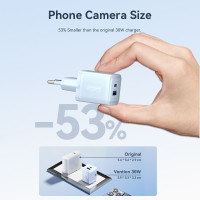 Мережевий зарядний пристрій Vention 2-Port USB (C + A) GaN Charger (30W/30W) EU-Plug White