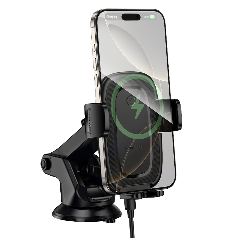 Автотримач для телефона з БЗП BOROFONE BH223 Follower push-type wireless fast charging car holder(center console)