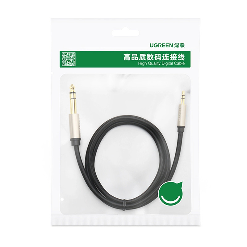 Аудіокабель UGREEN AV127 3.5mm Male to 6.35mm Male, TRS Stereo Audio Cable, nylon braid, 5m Gray
