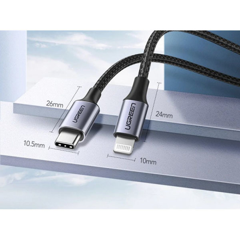 Кабель UGREEN US304 USB-C to Lightning M/M Cable Aluminum Shell Braided 2m (Black) (UGR-60761)