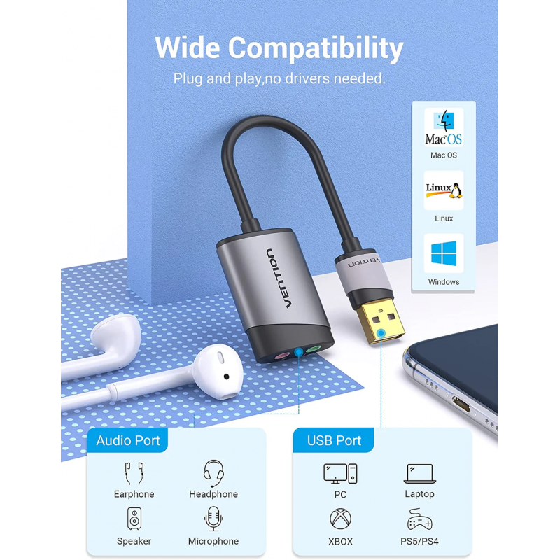 Адаптер Vention USB External Sound Card 0.15M Gray Metal Type (CDKHB)