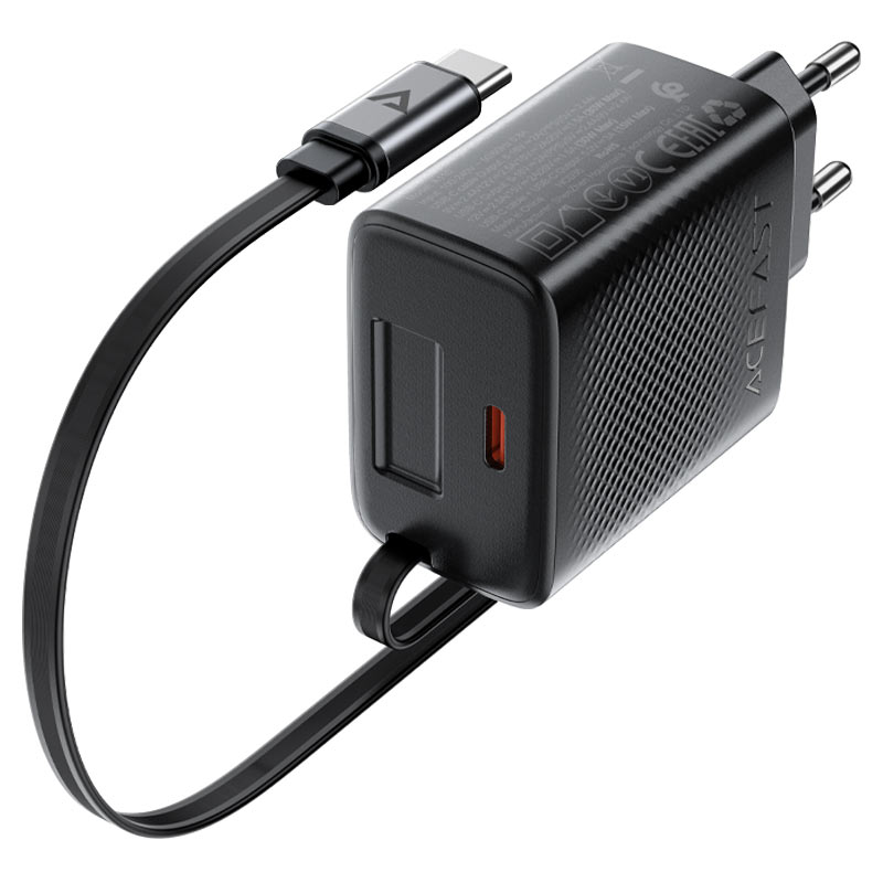 Мережевий зарядний пристрій з кабелем ACEFAST A110 PD30W GaN charger (USB-C+USB-C) with retractable cable (EU) Black