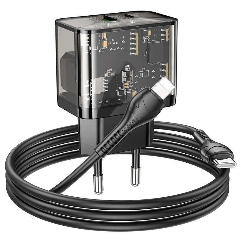 Мережевий зарядний пристрій з кабелем HOCO N34 Dazzling dual-port PD20W+QC3.0 charger set(C to iP) Transparent Black