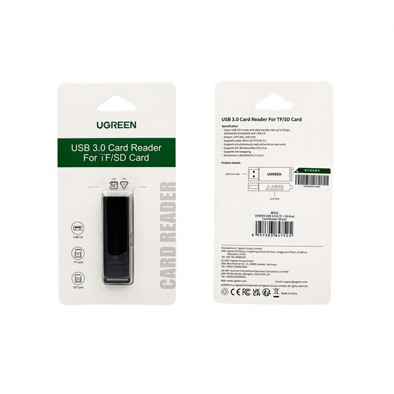 Картрідер UGREEN USB 3.0 to TF + SD Dual Card Reader (Black)
