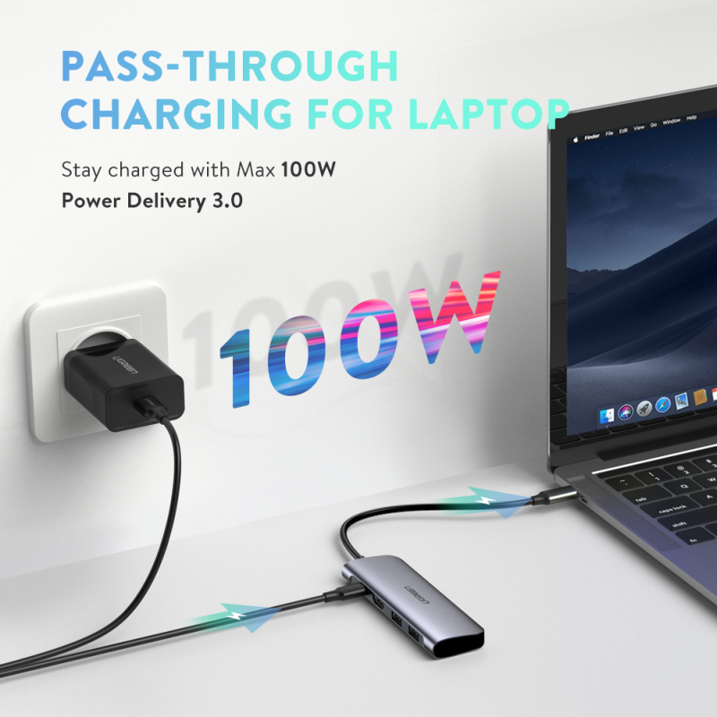 USB-хаб UGREEN USB-C to 2 Ports USB3.0-A Hub + HDMI + TF/SD with PD Power Supply (Space Gray)