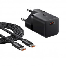 Мережевий зарядний пристрій з кабелем Baseus GaN5 Fast Charger (mini) 1C 25W EU Cluster Black (with: Fast Charging Data Cable Type-C)
